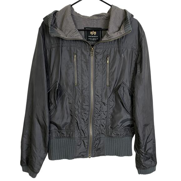 Alpha Industries Flight Jacket Mens Medium Grey Outdoors Full Zip Lined Hooded - Picture 1 of 10